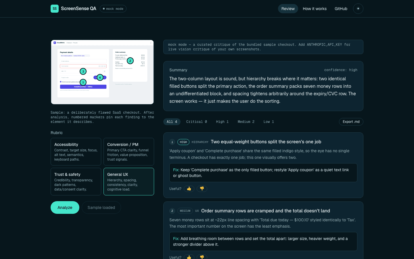 ScreenSense QA screen