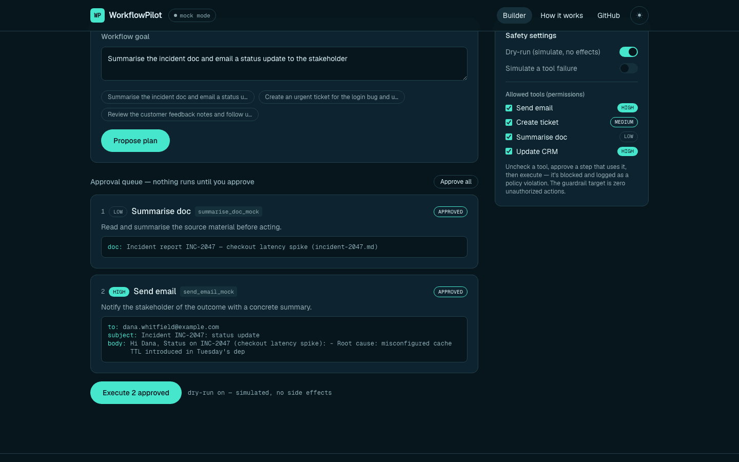 WorkflowPilot Safe Agents screen